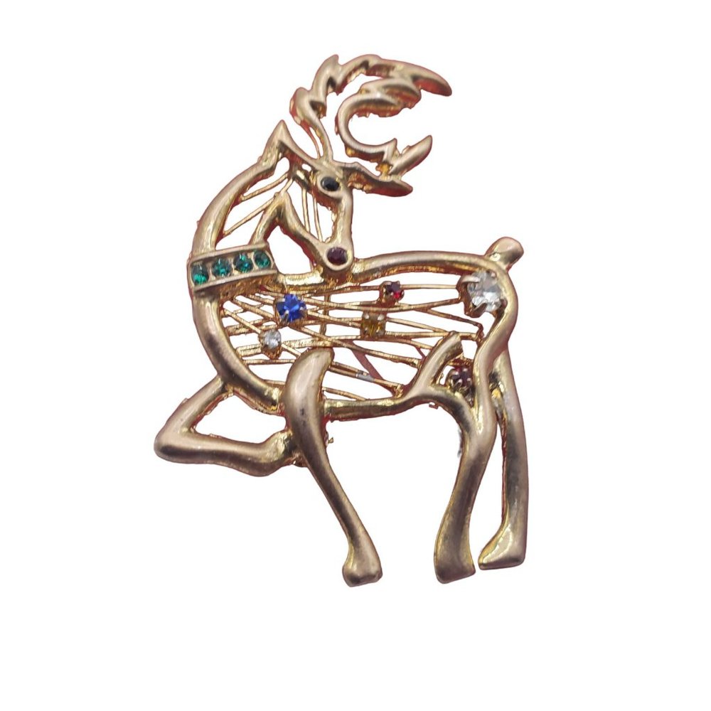 Reindeer Brooch Pin Gold Tone With Rhinestones Christmas Rudolph